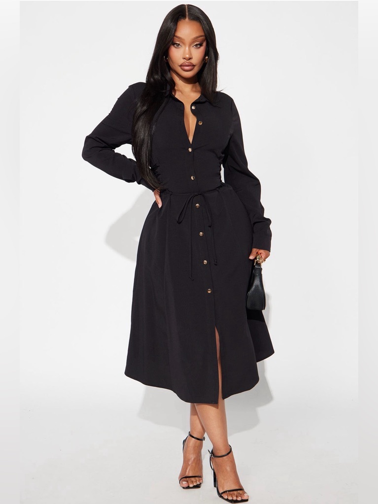 Fn: Josephine Collar Long Sleeve Midi Dress - Black (S)